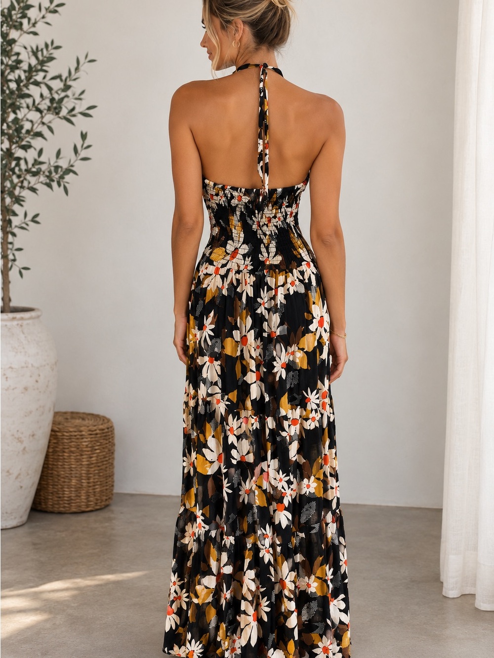 Angie Floral Halter Maxi Dress - Black, White & Mustard - Picture 2 of 6